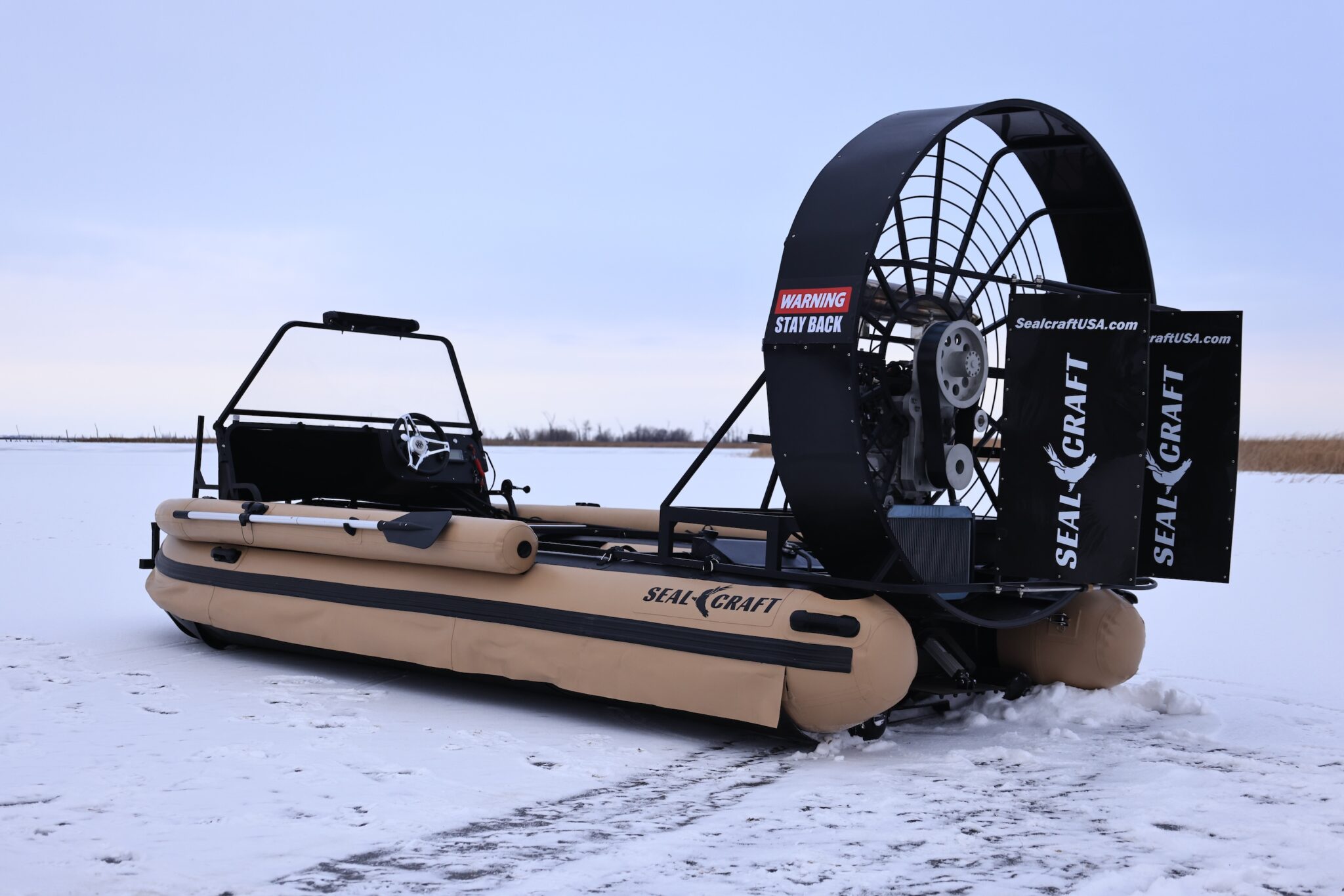 Seal Craft airboat on the ice at Devils Lake